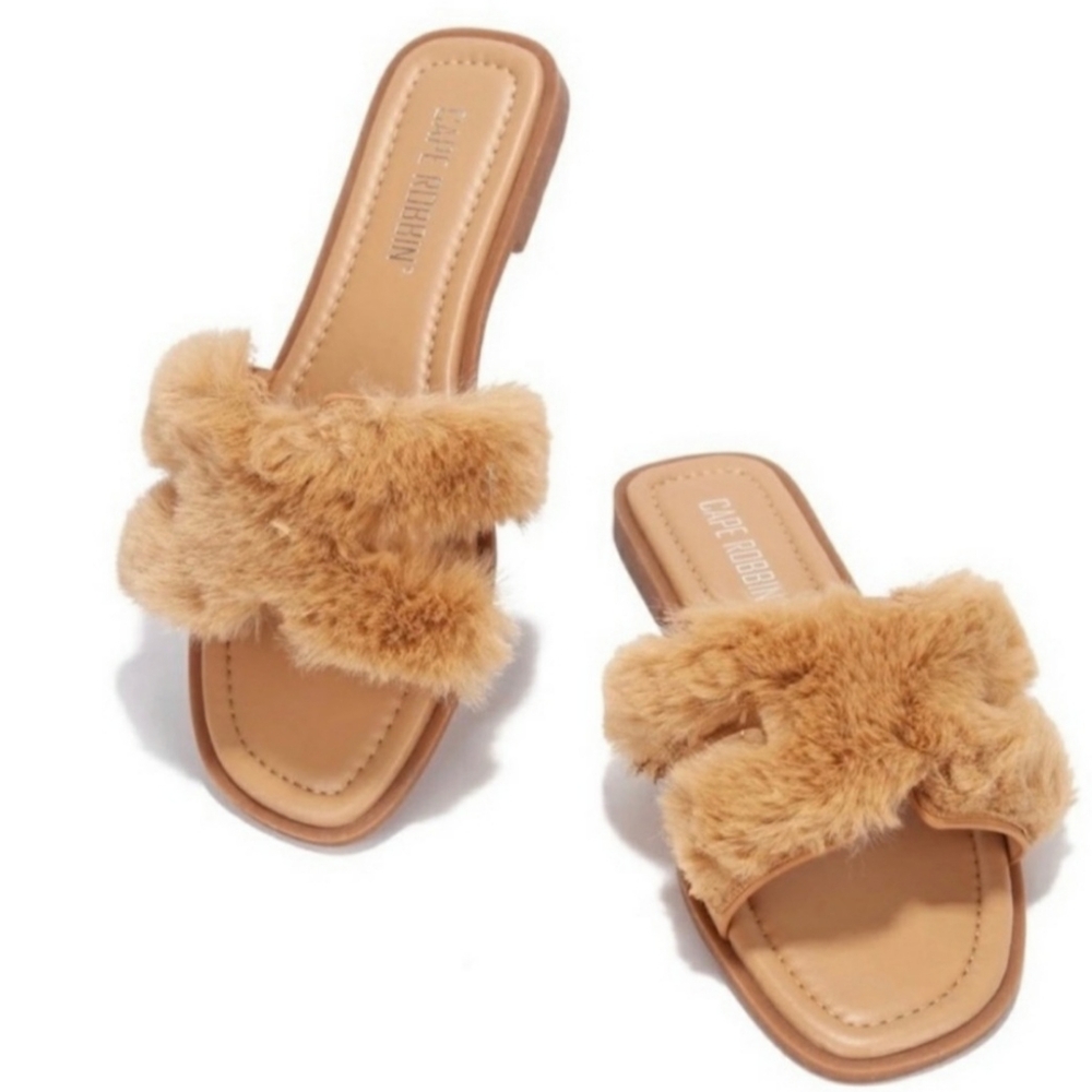 Faux Fur Tan Slide Sandals